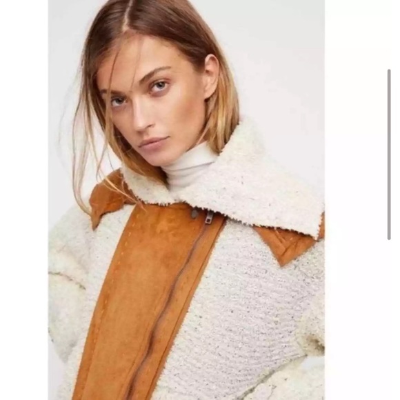 Free People Counting Sheep Sherpa Suede Moto Jacket Medium Large Oatmeal Camel - Picture 4 of 15